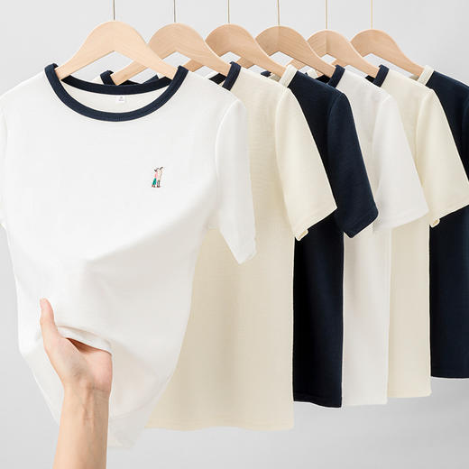 「三款配色！休闲·T」韩版修身上衣夏季圆领撞色设计感含棉短袖t恤紧身内搭打底衫 商品图1