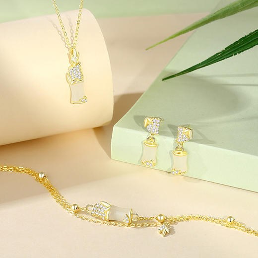 【知竹】S925银镀14K金色和田玉竹节耳饰【JHY-E000557X】 商品图3