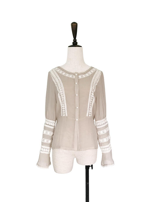 TYNVIE 拼接织花边长袖上衣-燕麦色 商品图0