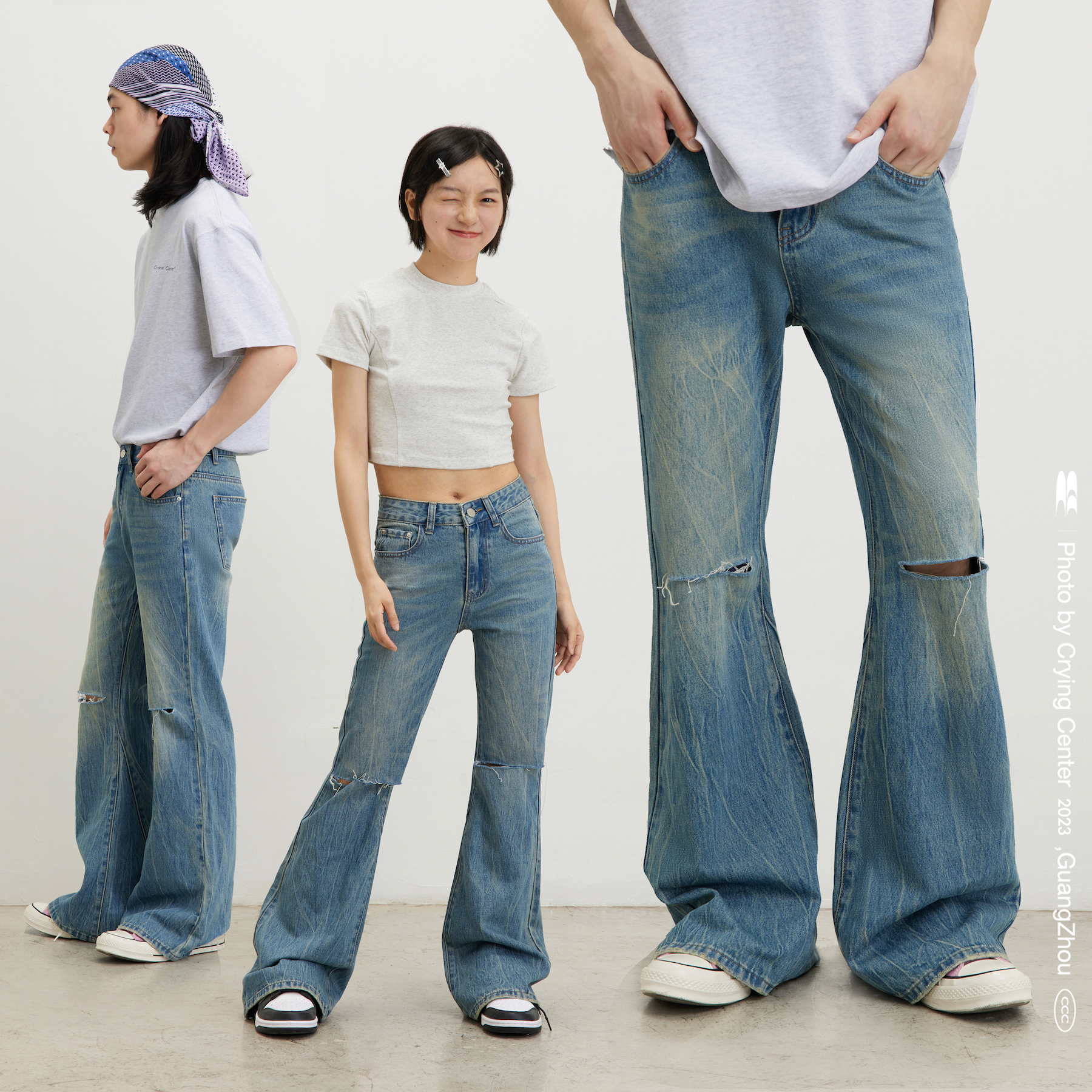 CryingCenter 低腰美式街头修身洗水破洞显瘦喇叭牛仔裤哭喊中心