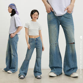 CryingCenter 低腰美式街头修身洗水破洞显瘦喇叭牛仔裤哭喊中心