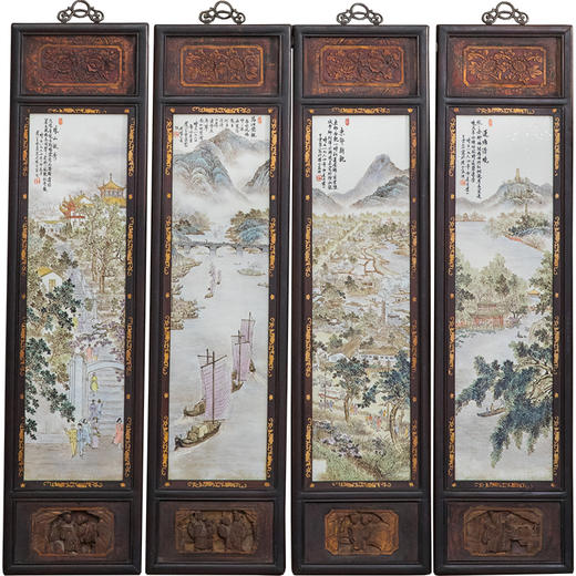 近代 红木镶王云泉款浅绛彩瓷板画四条屏 商品图5