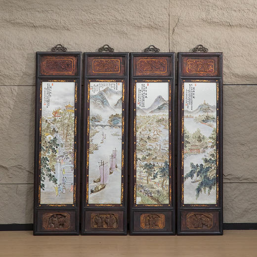 近代 红木镶王云泉款浅绛彩瓷板画四条屏 商品图0