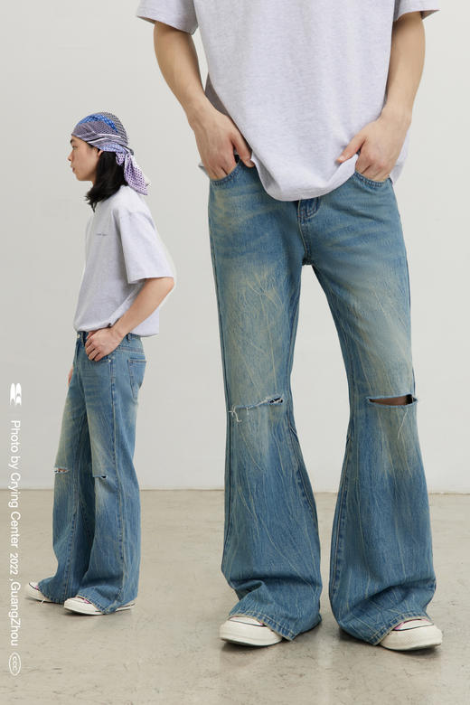 CryingCenter 低腰美式街头修身洗水破洞显瘦喇叭牛仔裤哭喊中心 商品图1