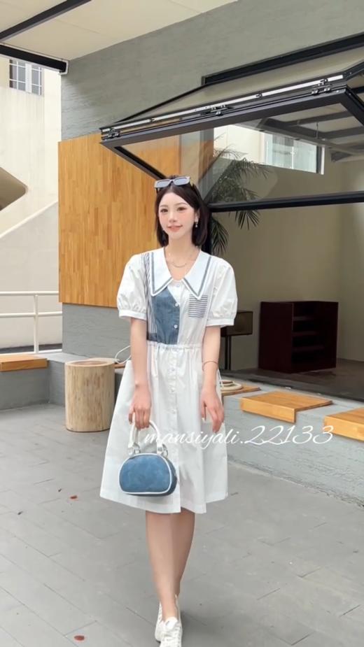 B6349       欧版气质宽松休闲拼色抽绳收腰显瘦衬衫连衣裙（特价不退换） 商品图1