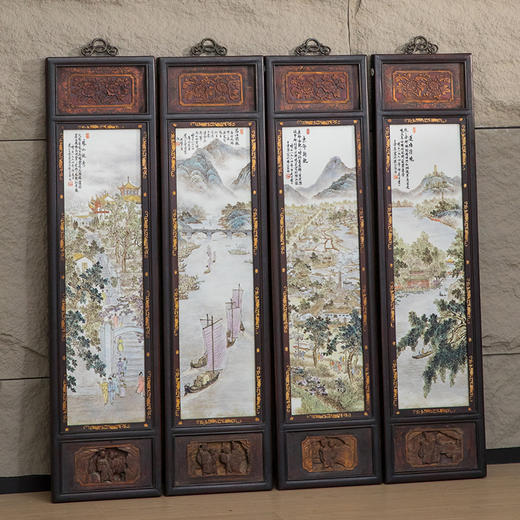 近代 红木镶王云泉款浅绛彩瓷板画四条屏 商品图4