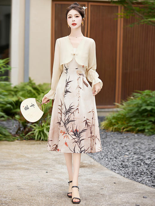 新中式复古，吊带长裙喇叭长袖开衫连衣裙套装HR-WY89819 商品图2