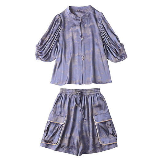 人丝提花泡泡袖改良唐装上衣女+口袋宽松短裤AYK-230512 商品图4