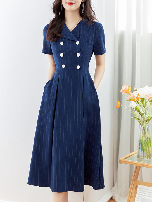 收腰显瘦，设计感竖条纹双排扣通勤职业大摆衬衫式连衣裙WLZD-2313308 商品图0