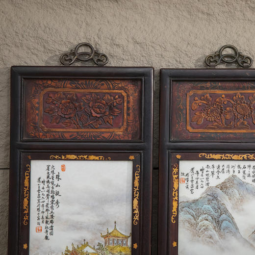 近代 红木镶王云泉款浅绛彩瓷板画四条屏 商品图1