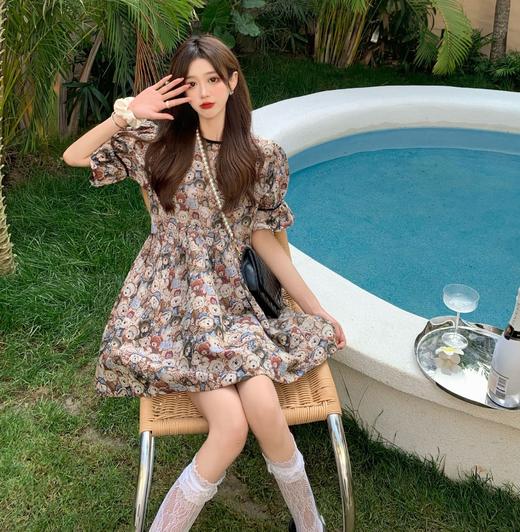 【2023夏季新款网红满印复古小熊泡泡袖连衣裙】小众设计初恋茶歇裙子 商品图2