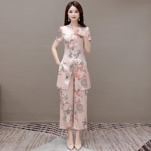 夏季新款，复古长袖直筒长裤妈妈装休闲两件印花套裤装QYM-TYP-A618-Y 商品图5