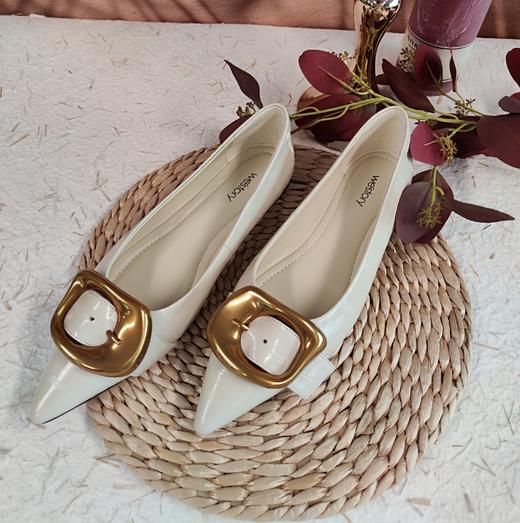 westory2023秋季新款金属饰扣细低跟尖头牛皮舒适女单鞋73531 商品图6