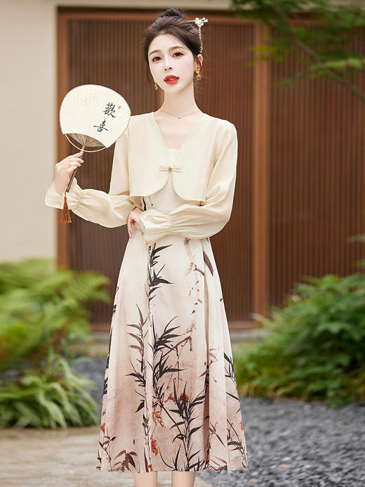 新中式复古，吊带长裙喇叭长袖开衫连衣裙套装HR-WY89819 商品图3