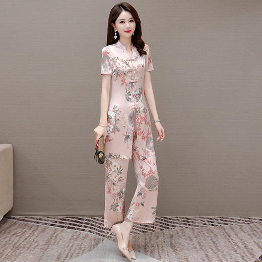 夏季新款，复古长袖直筒长裤妈妈装休闲两件印花套裤装QYM-TYP-A618-Y 商品图0