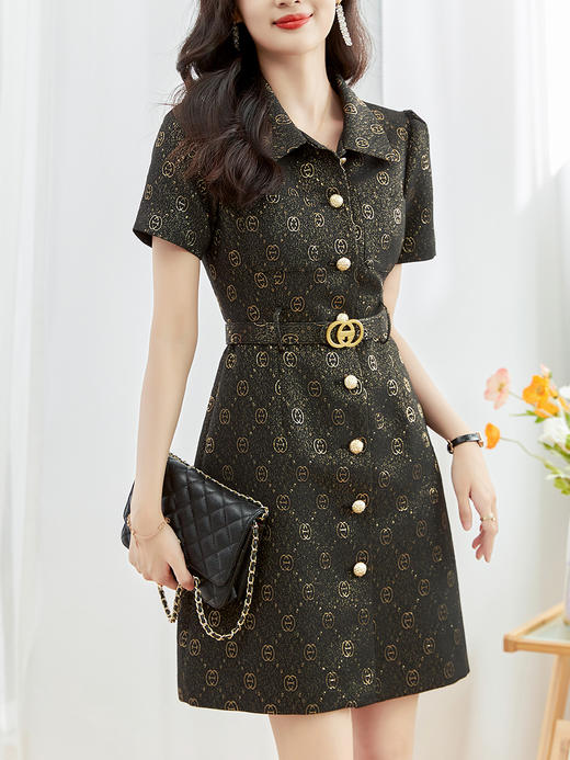 气质通勤，小香风重工翻领金线浮雕提花字母收腰显瘦连衣裙WLZD-2313208 商品图0