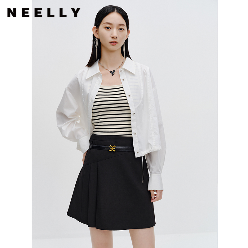 NEELLY纳俪商场同款黑色半身裙女秋季新款半百褶a字裙气质短裙N23071E01025