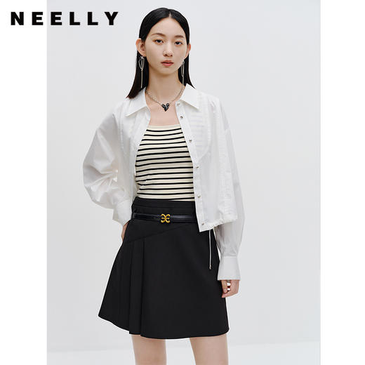 NEELLY纳俪商场同款黑色半身裙女秋季新款半百褶a字裙气质短裙N23071E01025 商品图0