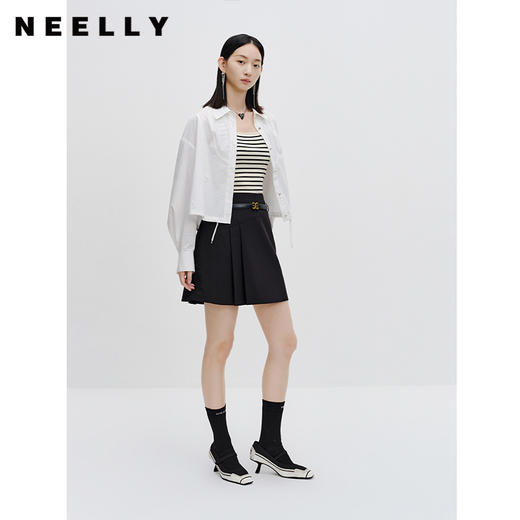 NEELLY纳俪商场同款黑色半身裙女秋季新款半百褶a字裙气质短裙N23071E01025 商品图1