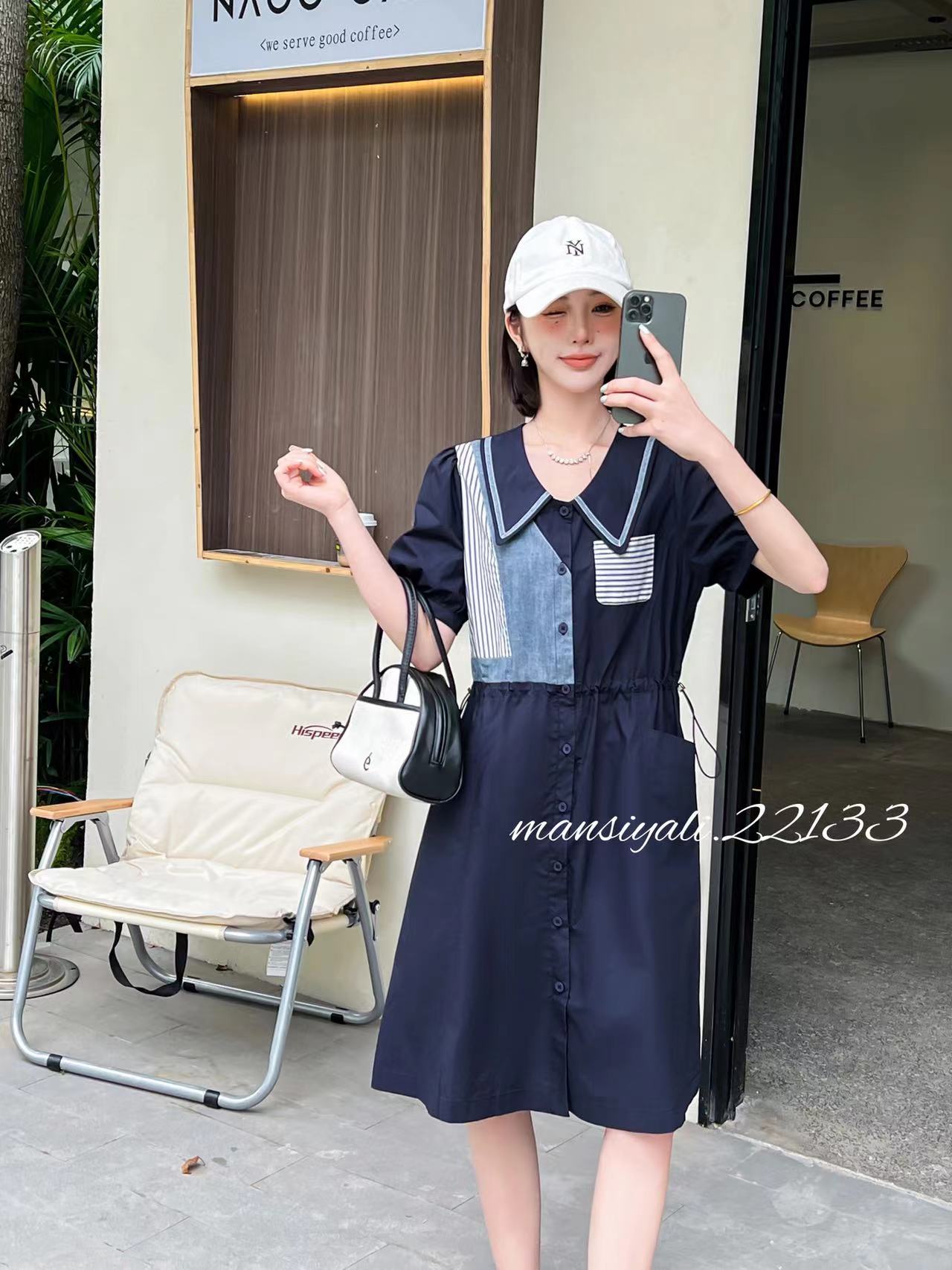 B6349       欧版气质宽松休闲拼色抽绳收腰显瘦衬衫连衣裙（特价不退换）