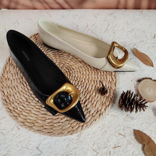 westory2023秋季新款金属饰扣细低跟尖头牛皮舒适女单鞋73531 商品图0