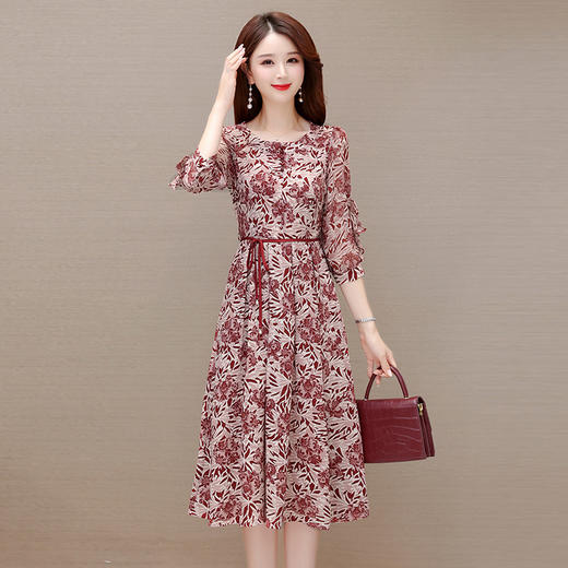 2023年夏款中长款印花简约修身时尚雪纺裙圆领七分袖气质连衣裙QYM-CR-YZY2318-L 商品图1