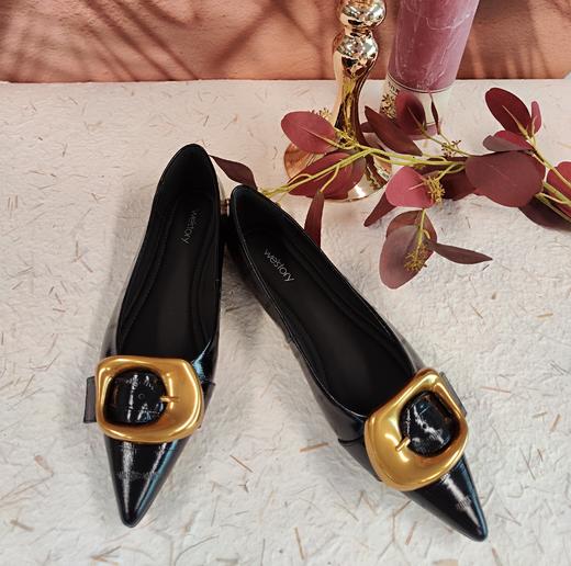 westory2023秋季新款金属饰扣细低跟尖头牛皮舒适女单鞋73531 商品图3