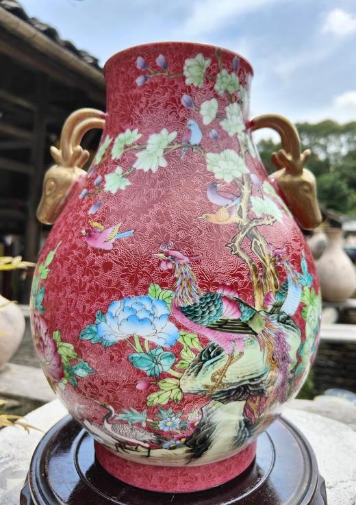 胭脂红扒花荣华富贵鹿耳褔筒 商品图0