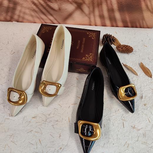 westory2023秋季新款金属饰扣细低跟尖头牛皮舒适女单鞋73531 商品图1