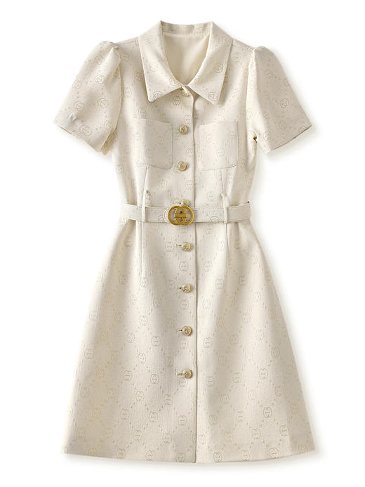 气质通勤，小香风重工翻领金线浮雕提花字母收腰显瘦连衣裙WLZD-2313208 商品图4