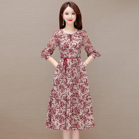 2023年夏款中长款印花简约修身时尚雪纺裙圆领七分袖气质连衣裙QYM-CR-YZY2318-L