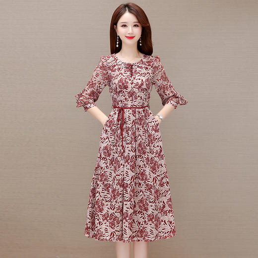 2023年夏款中长款印花简约修身时尚雪纺裙圆领七分袖气质连衣裙QYM-CR-YZY2318-L 商品图0