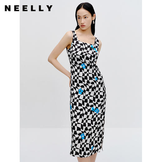 NEELLY纳俪商场同款黑白格子连衣裙女气质无袖下开叉收腰A字裙秋N23071Y01013 商品图0