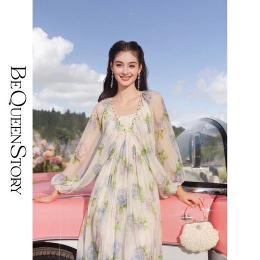 BeQueenStory【空中花园】轻奢碎花桑蚕丝连衣裙修身短款上衣女 商品图4