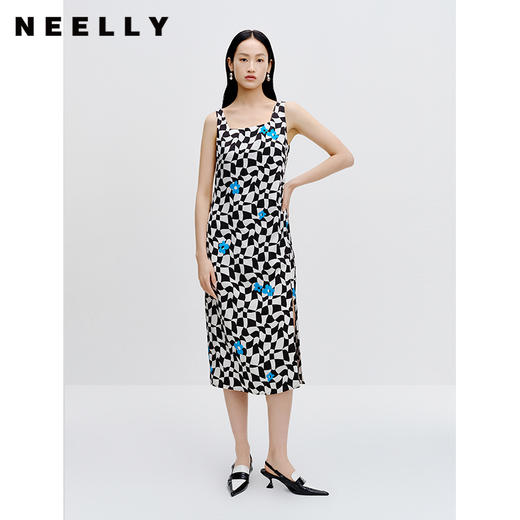 NEELLY纳俪商场同款黑白格子连衣裙女气质无袖下开叉收腰A字裙秋N23071Y01013 商品图1