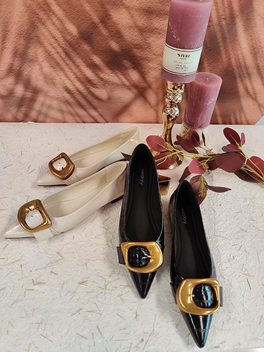 westory2023秋季新款金属饰扣细低跟尖头牛皮舒适女单鞋73531 商品图4