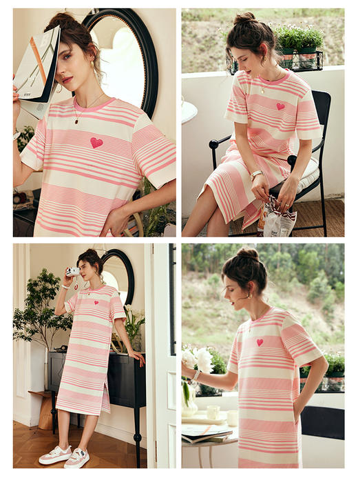 OLrain欧芮儿法式条纹连衣裙女夏季2023新款宽松撞色开叉T恤裙子 商品图1