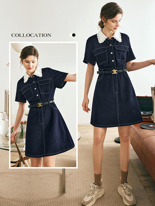 OLrain欧芮儿法式牛仔连衣裙女夏季2023新款收腰蕾丝领撞色A字裙 商品图3