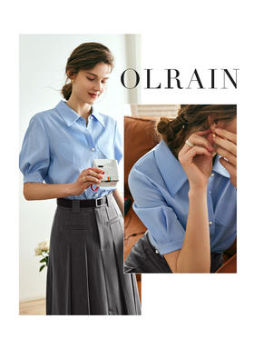 OLrain欧芮儿法式蓝色衬衫女夏季2023年新款宽松爱心袋休闲衬衣