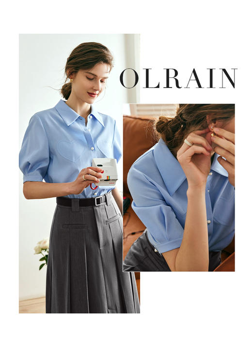 OLrain欧芮儿法式蓝色衬衫女夏季2023年新款宽松爱心袋休闲衬衣 商品图0