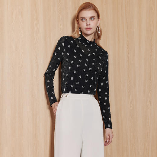 EITIE爱特爱春新款气质半高领字母印花金丝针织显瘦T恤上衣A2313107 商品图1