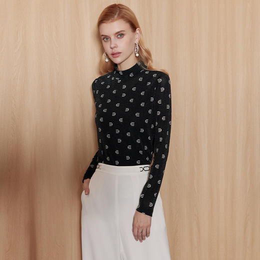 EITIE爱特爱春新款气质半高领字母印花金丝针织显瘦T恤上衣A2313107 商品图2