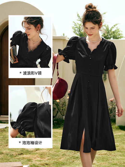 OLrain欧芮儿法式黑色V领连衣裙女夏季2023新款收腰复古开叉裙子 商品图1