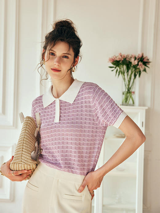 OLrain欧芮儿法式polo条纹针织衫女女夏季2023新款撞色冰丝套头衫 商品图2