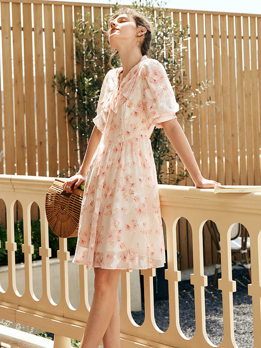 OLrain欧芮儿法式V领碎花雪纺连衣裙女夏季2023新款收腰刺绣裙子 商品图3