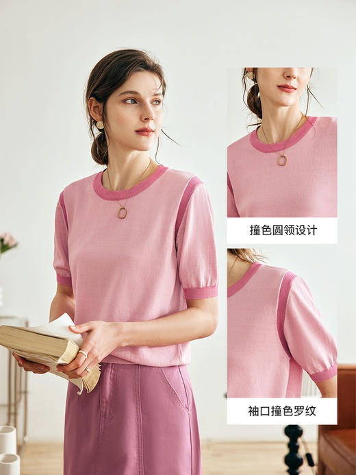 OLrain欧芮儿法式粉色针织衫女夏季2023年新款宽松撞色冰爽套头衫 商品图1