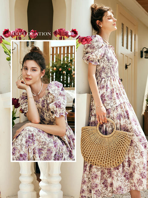 OLrain欧芮儿法式方领碎花连衣裙女夏季2023年新款收腰复古大摆裙 商品图3