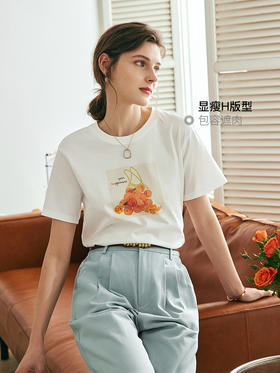 OLrain欧芮儿法式米白色短袖T恤女夏季2023新款宽松钉珠印花上衣