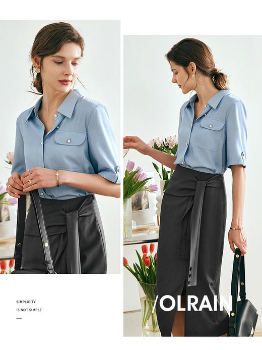 OLrain欧芮儿法式蓝色短袖衬衫女夏季2023年新款宽松百搭通勤衬衣 商品图0