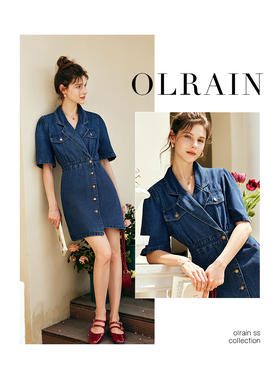 OLrain欧芮儿法式西装领牛仔连衣裙女夏季2023新款收腰不规则裙子